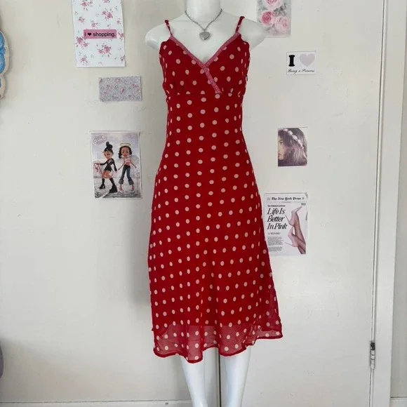 Vera Moda 90s Red Polka Dot Lace Trim Midi Slip Dress Small - Picture 4 of 7